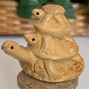 Vintage Boxwood Triple Turtle Netsuke Animal Figurine Hand Carved Wood Sculpture